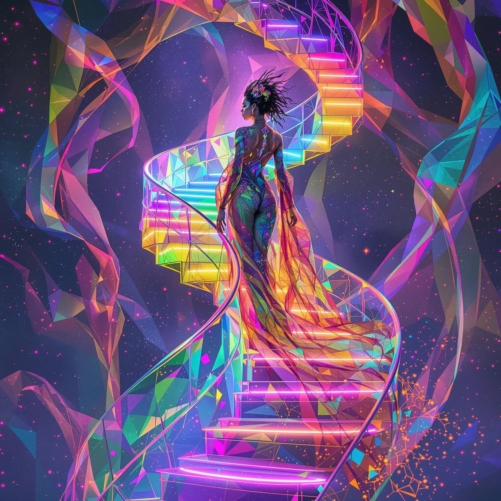 Woman at Top of Rainbow Staircase in Cyberpunk Style