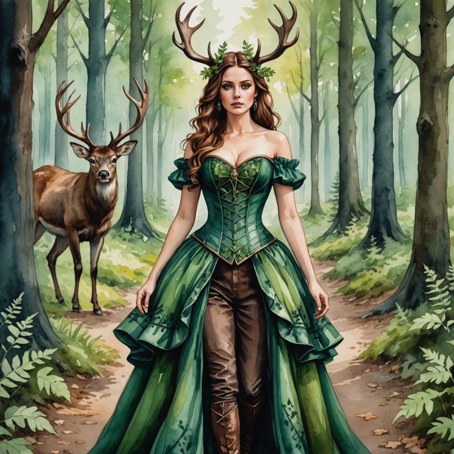 Woman with Antlers in Forest, Watercolor Style