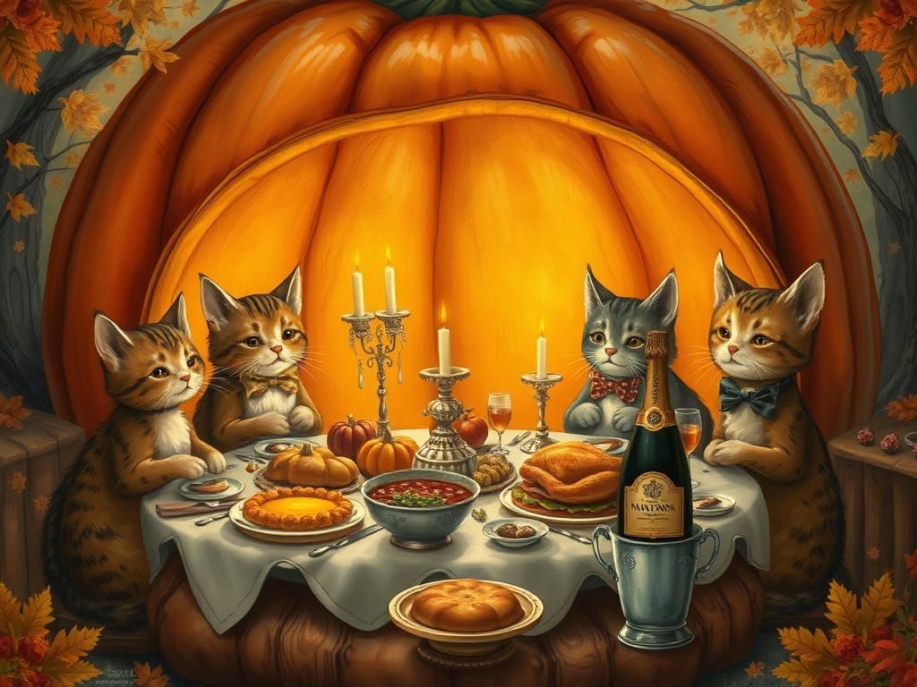 Whimsical Cat Family Feast in Autumnal Pumpkin
