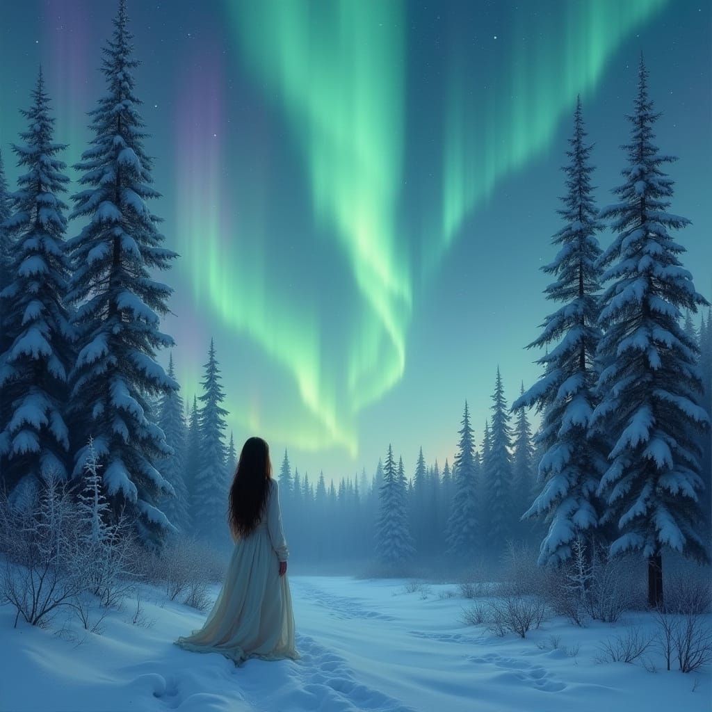 Northern Lights Dance Across Frosty Forest in Ethereal Lands...