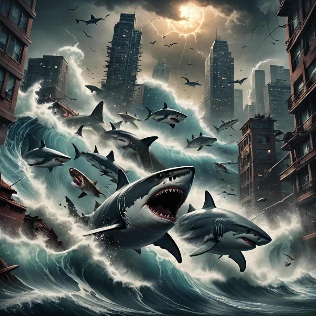 Sharks in Tsunami Wave Sci-Fi Illustration