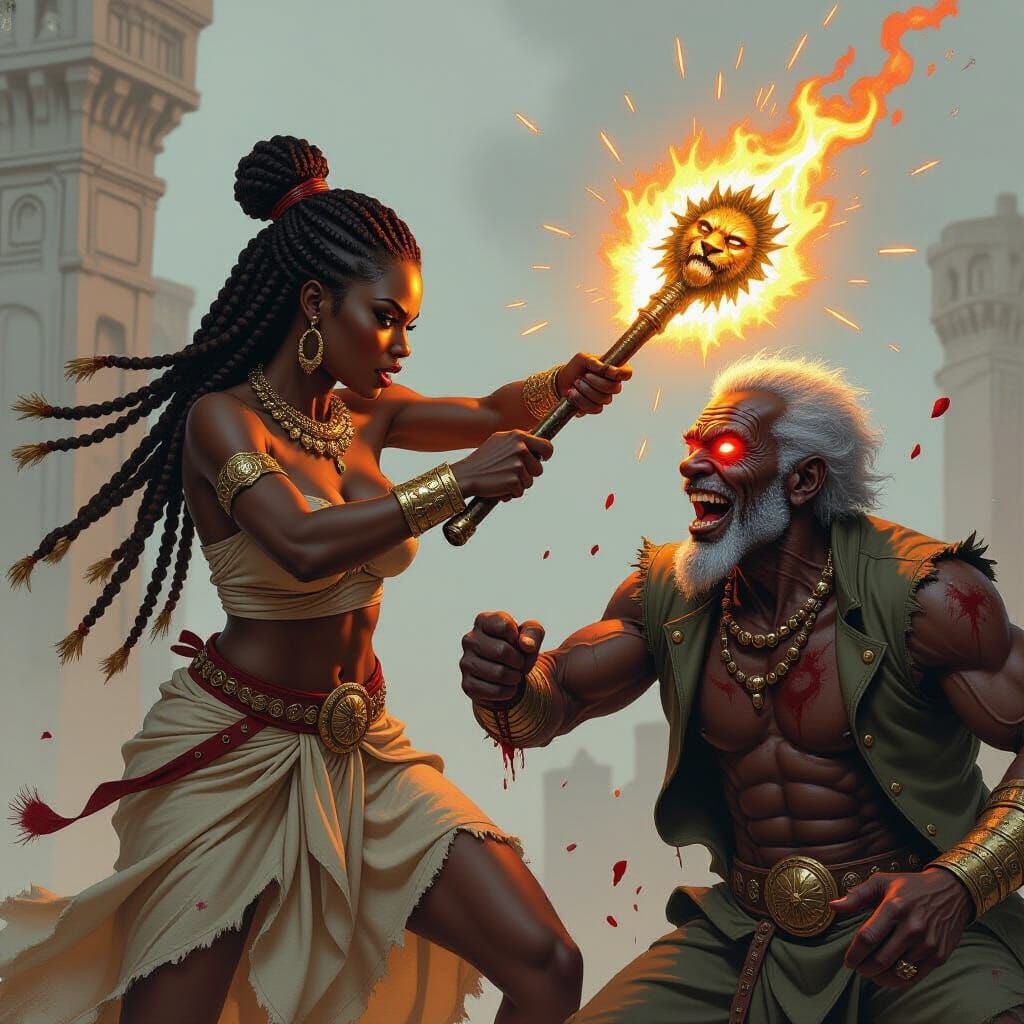 African Queen Drives Staff as Dark Fantasy Art