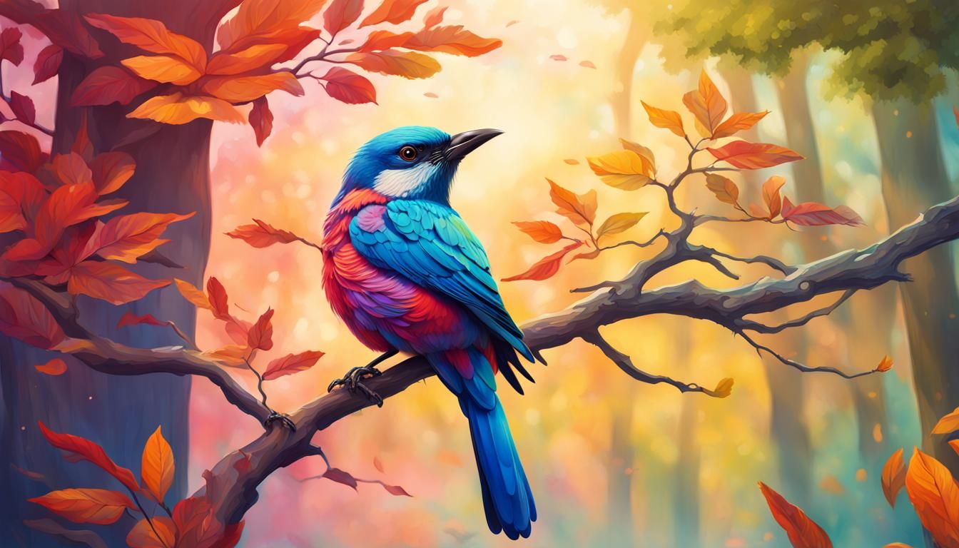 Colorful Bird on Branch: Hyperrealistic Splash Art