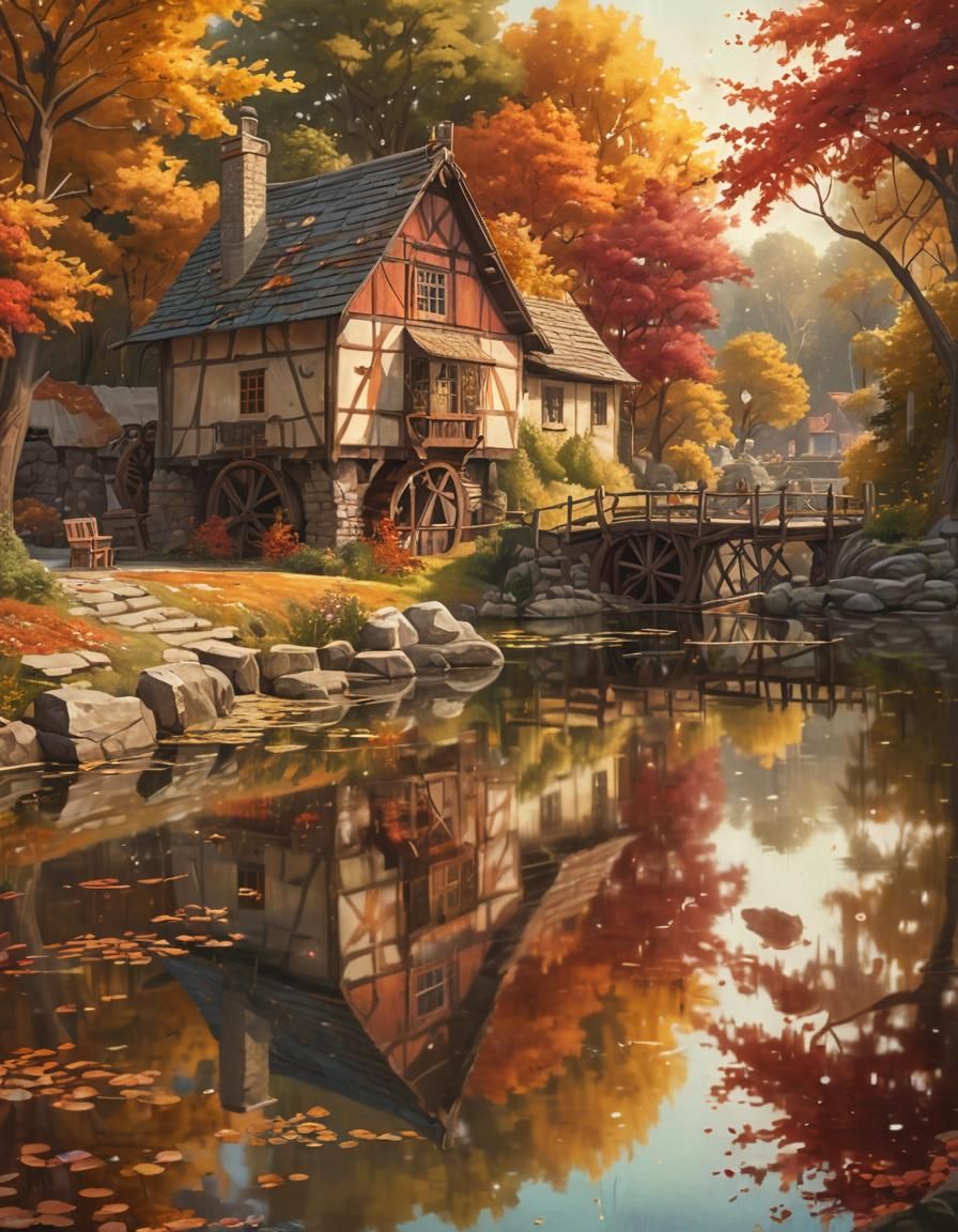 Kobold at Lakeside Mill: Whimsical Oil Painting