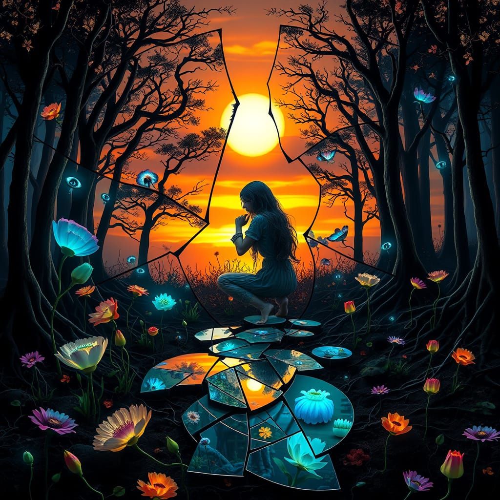 Surreal Figure in Himalayan Blue Poppy by Sunset