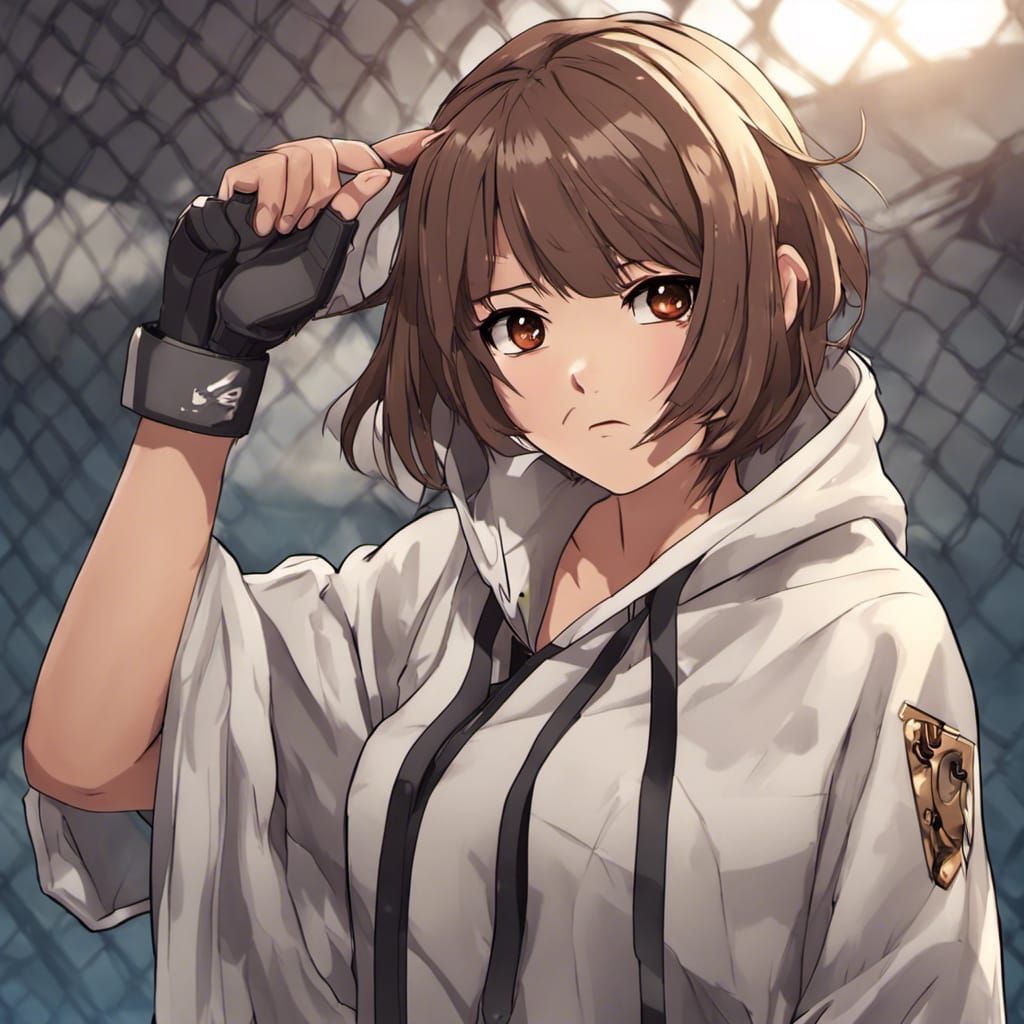 Anime Girl Cage Fighter with Bear Skin Cloak