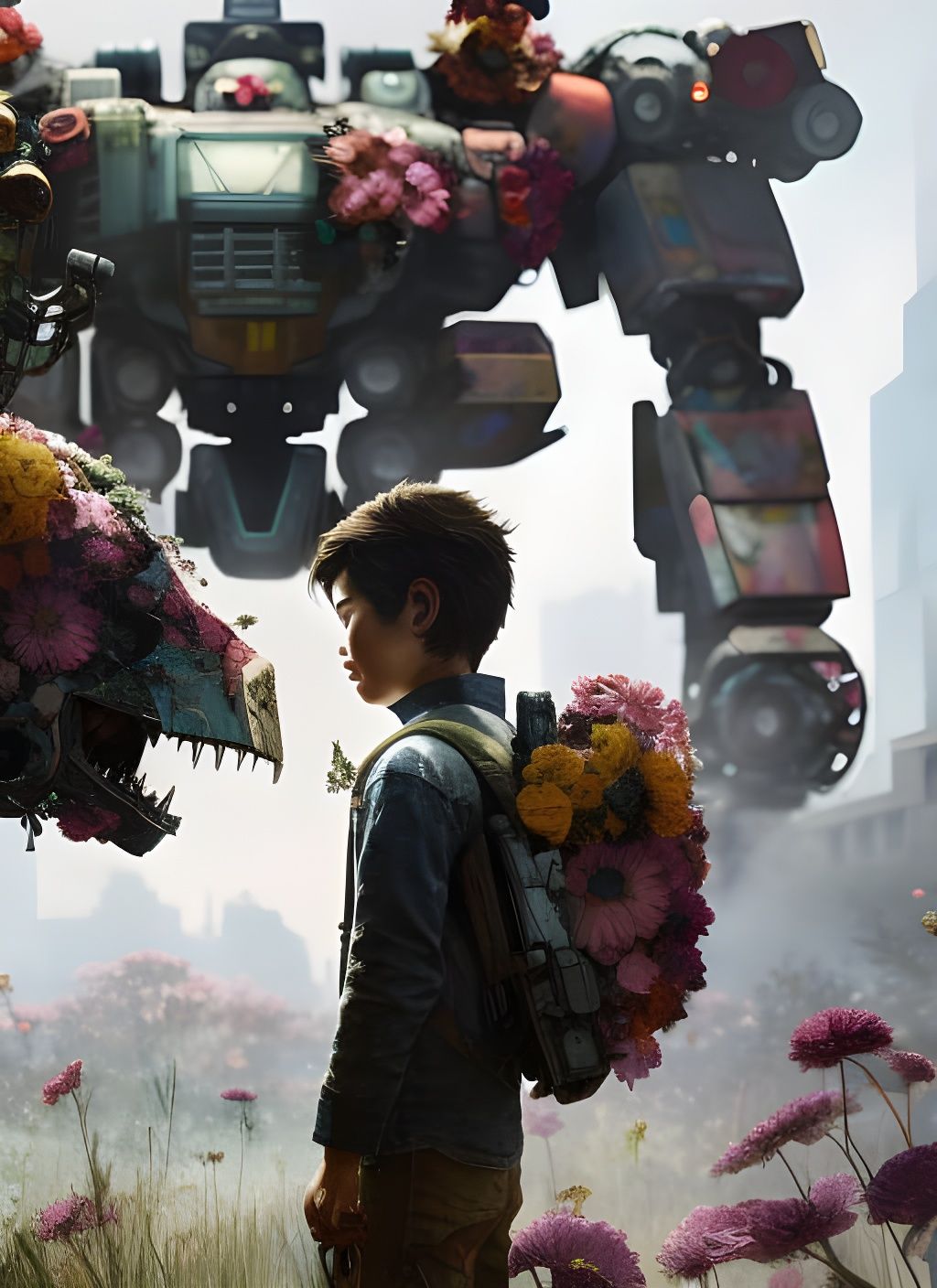 Boy and Broken Mecha in Post-Apocalyptic Art