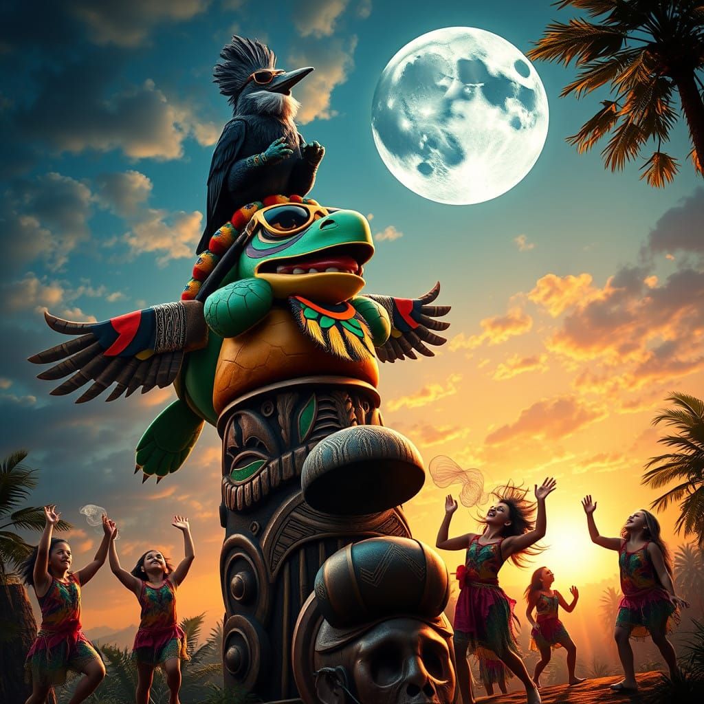 Vibrant Totem Pole of Happy Animals in a Psychedelic Landsca...