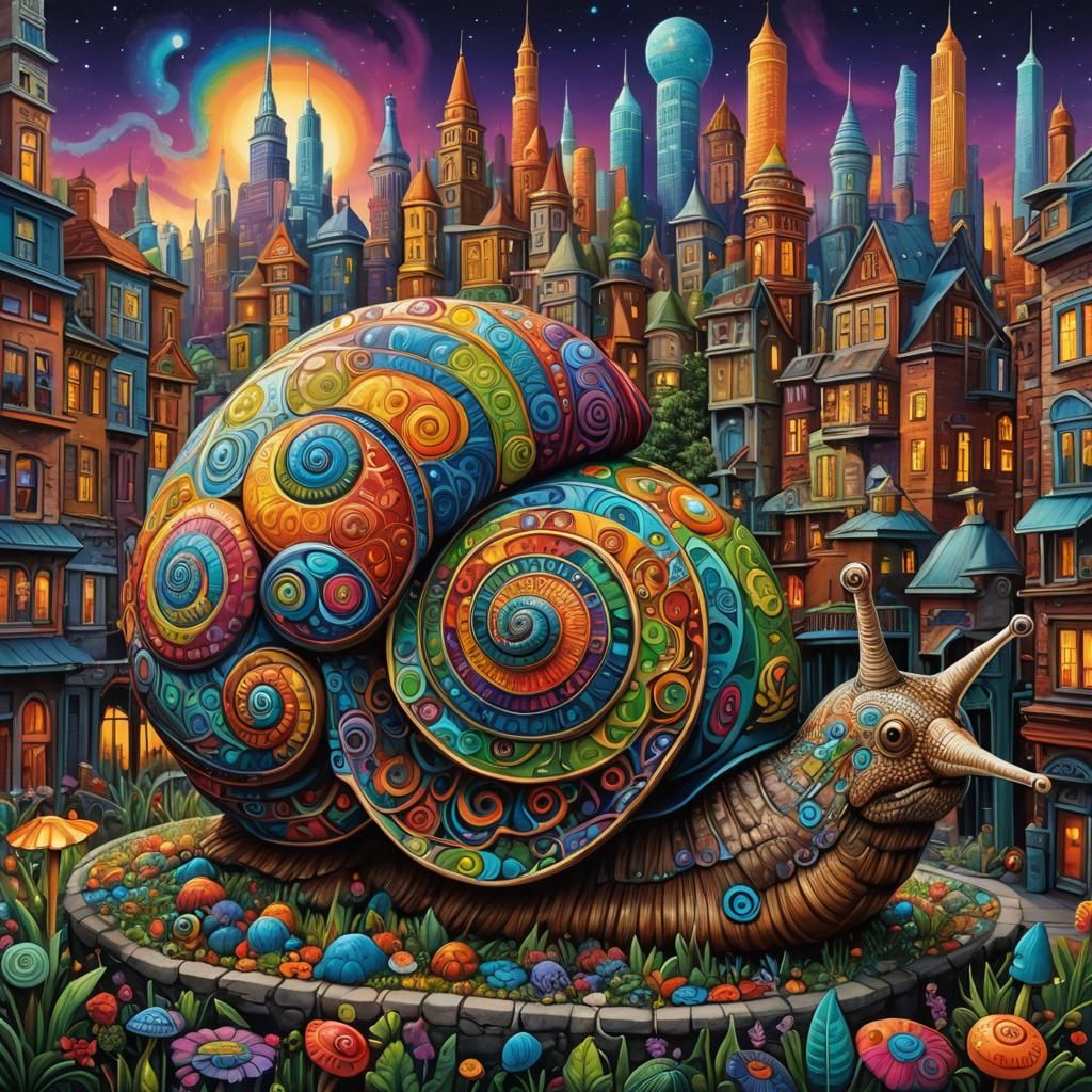 Psychedelic Snail in a Fantastical Future Cityscape
