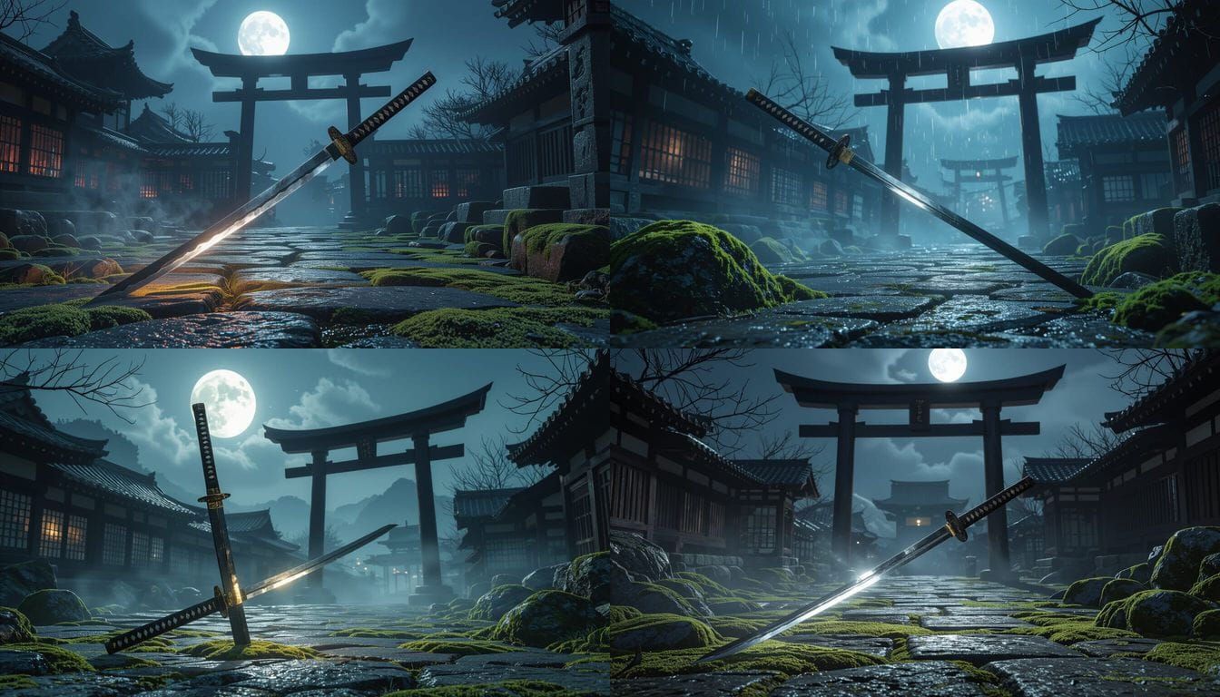 Mystical Katana in Ruined Temple Courtyard