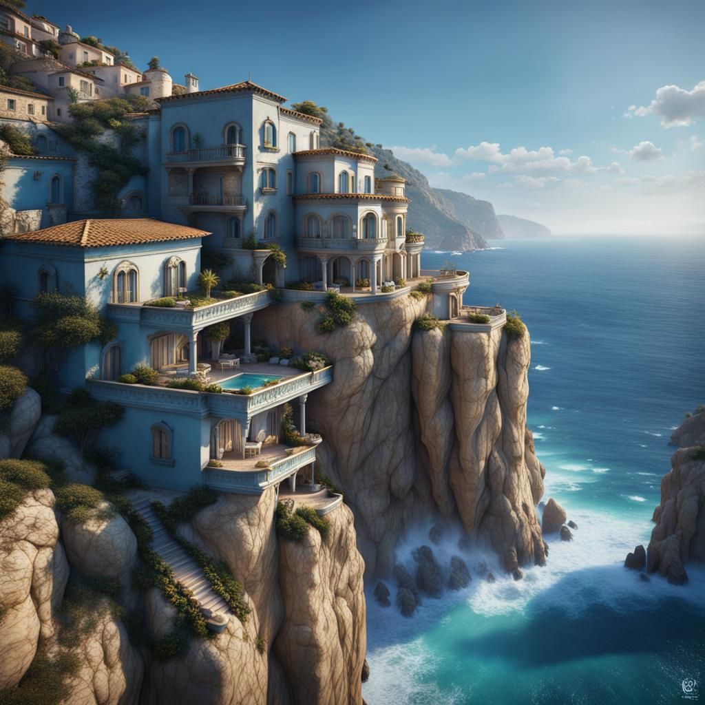 Mediterranean Cliffside Homes in Detailed Matte Painting