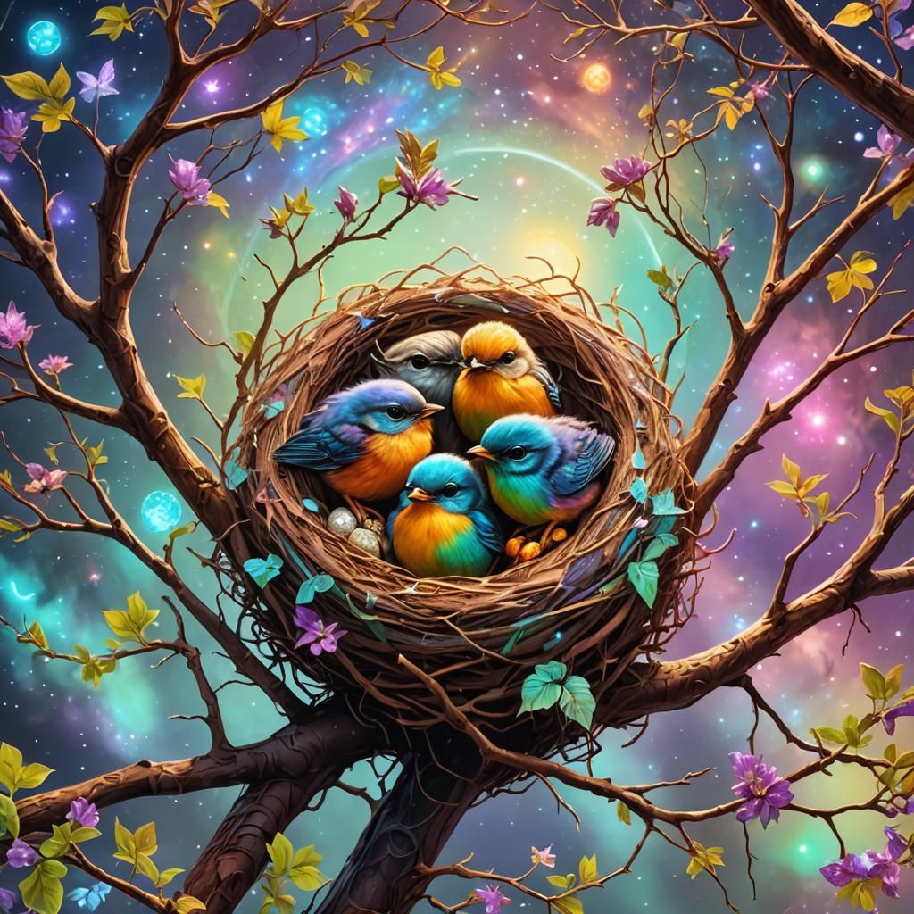 Astral Baby Birds in Nest: Holographic Illustration