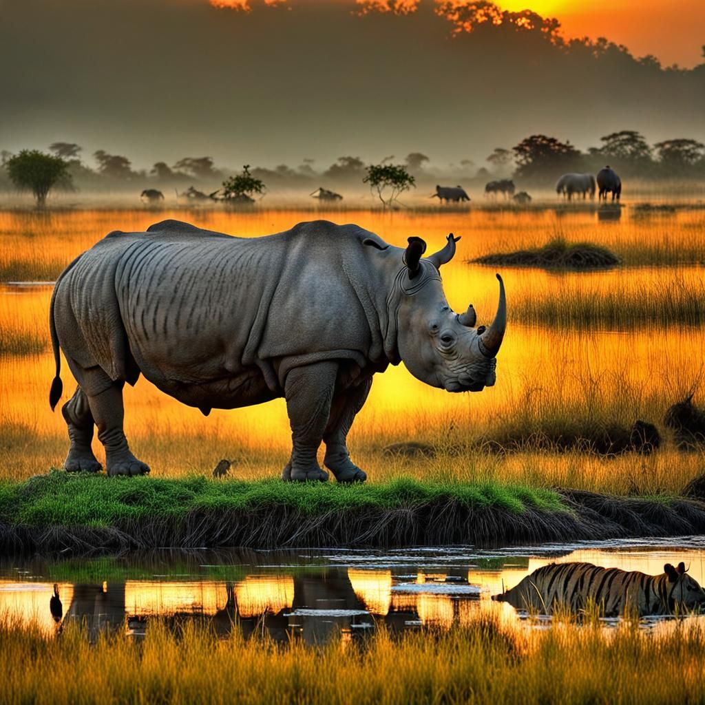 Kaziranga Sunset: Rhino, Tiger, and Swamp Wildlife