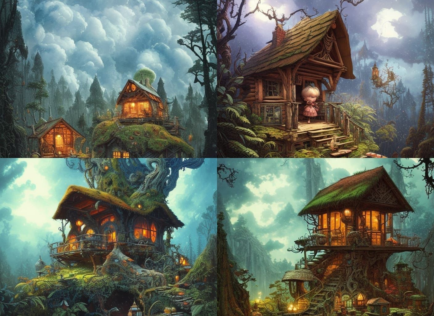 Idyllic Cabin Under Majestic Clouds, Watercolor Art