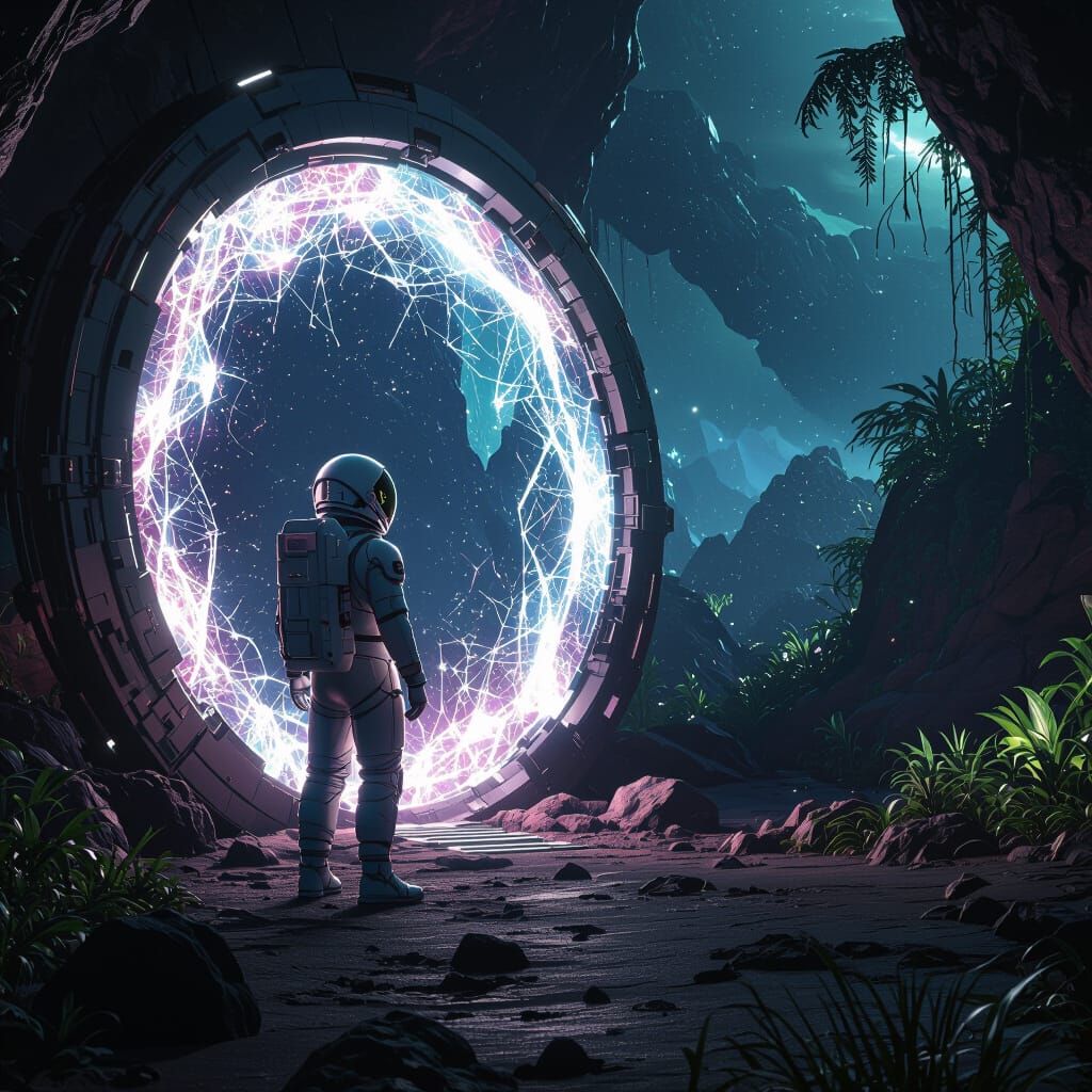 Astronaut and Crystalline Portal on Alien Planet