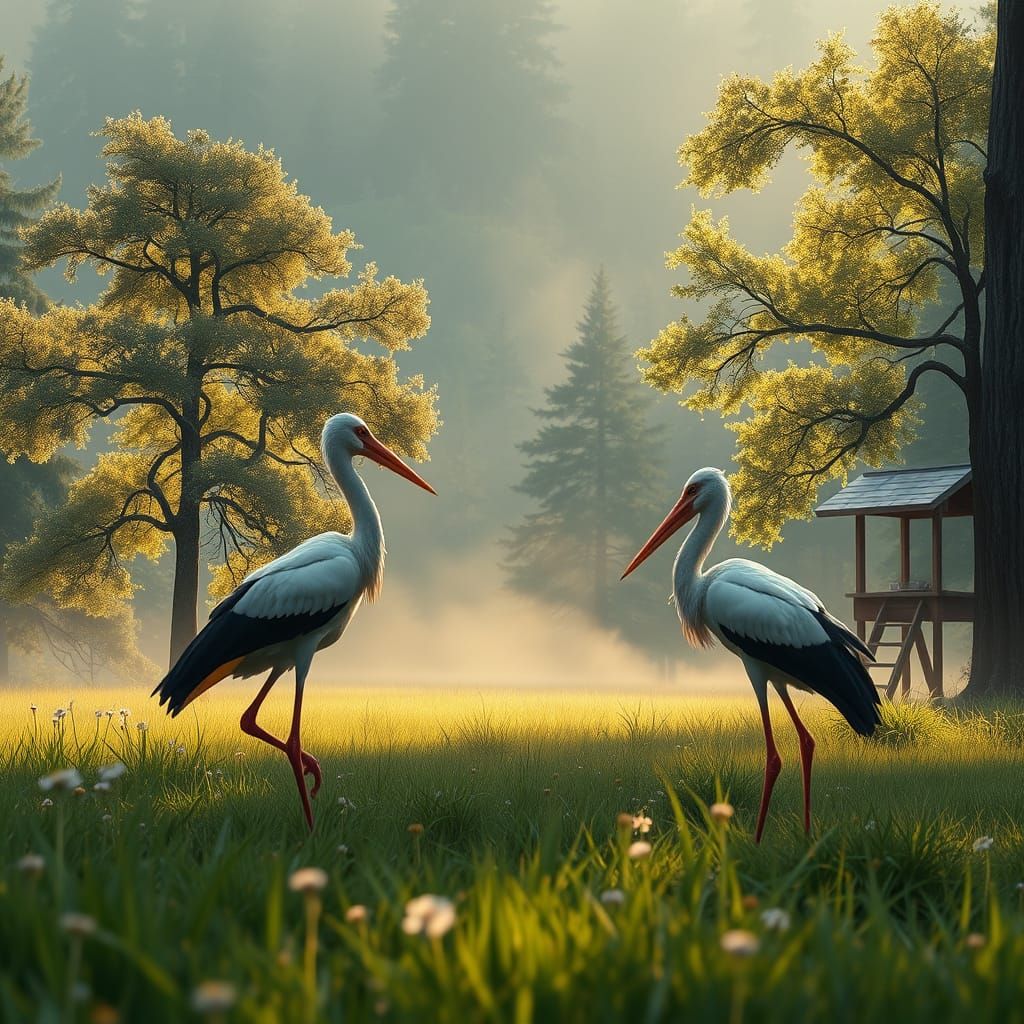 Storks in Meadow in Style of Kinkade