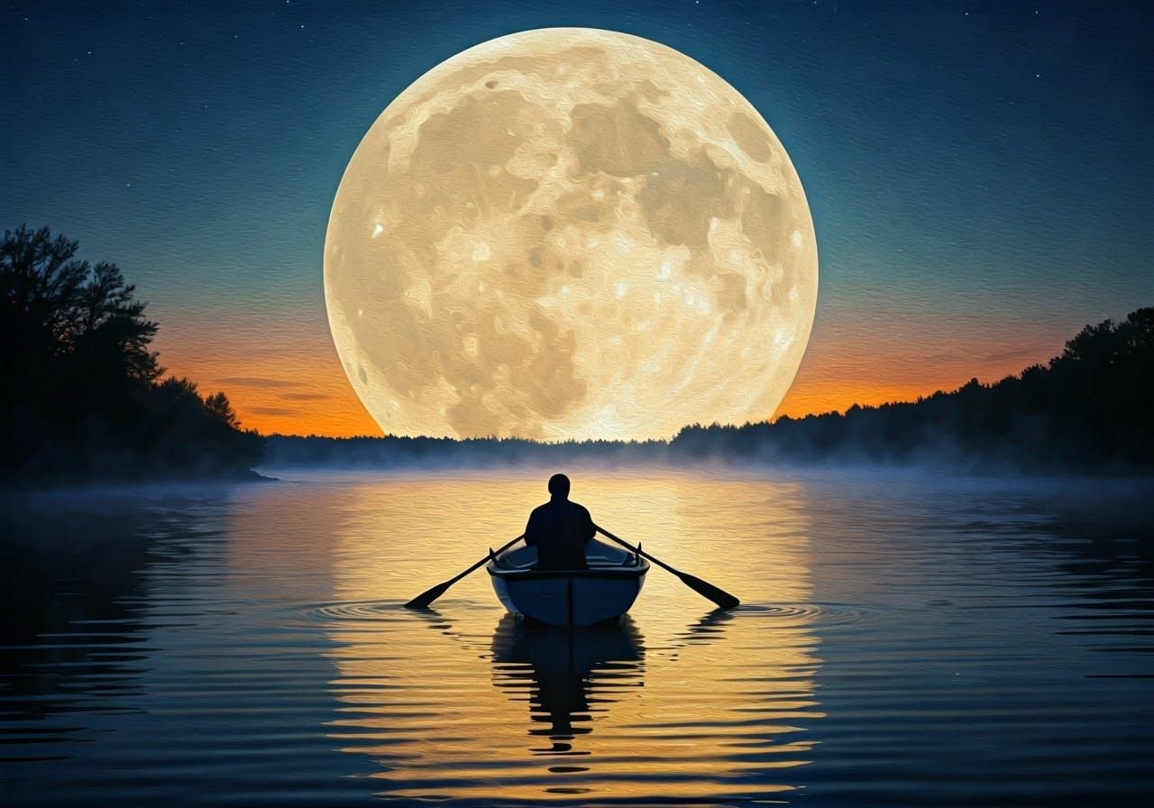 Silhouetted Figure on a Moonlit Lake