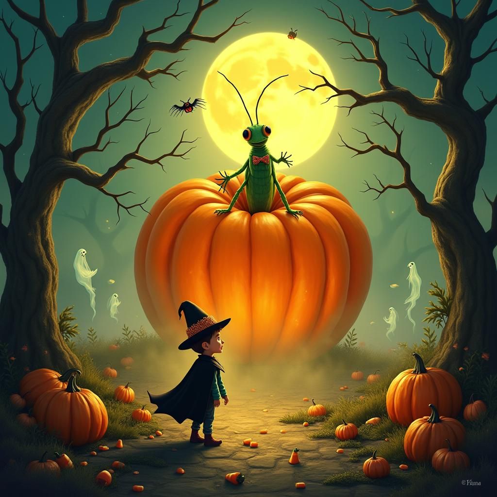 Giant Pumpkin Halloween Scene with Boy and Grasshopper