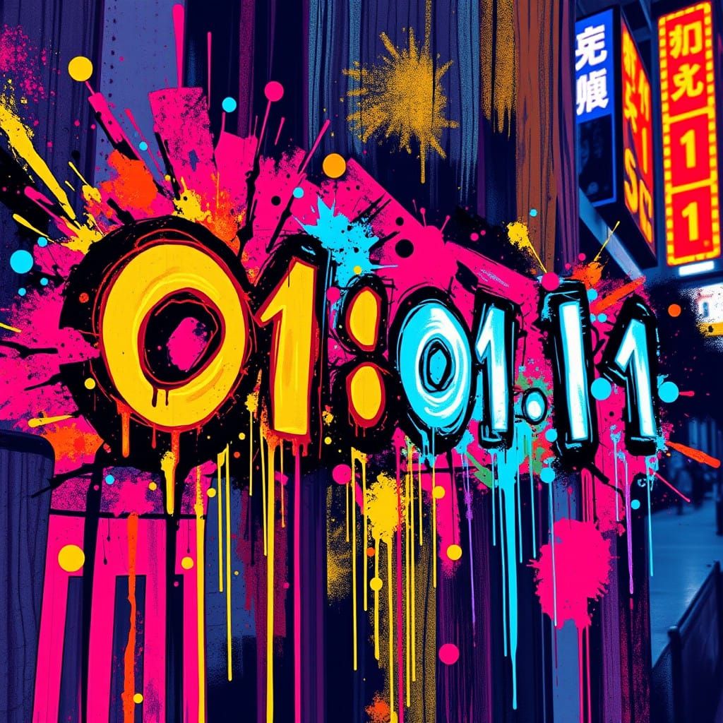 Cyberpunk Graffiti Explosion in Neon Binary Code