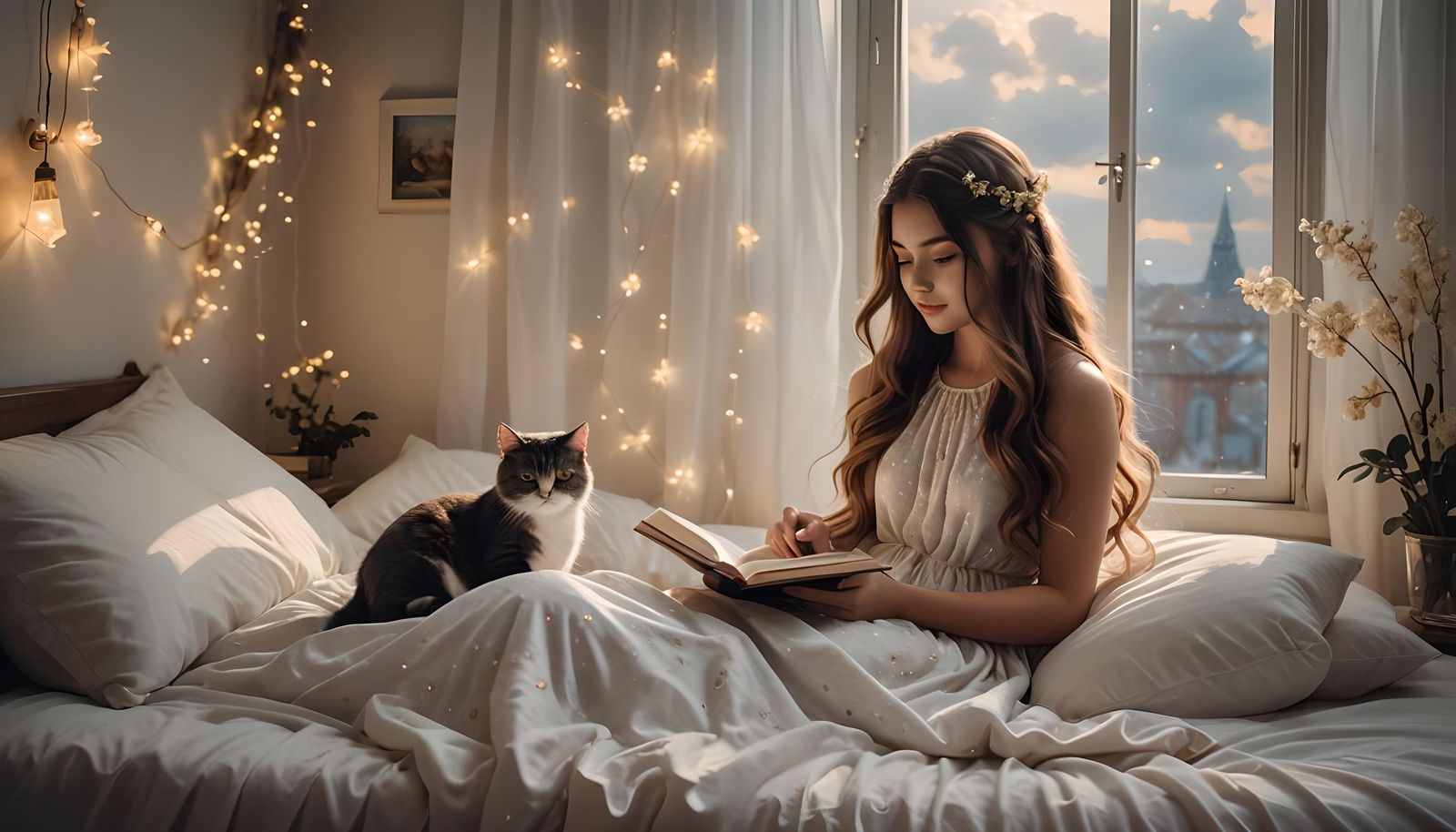 Girl Reading with Cat in Sunlit Bedroom