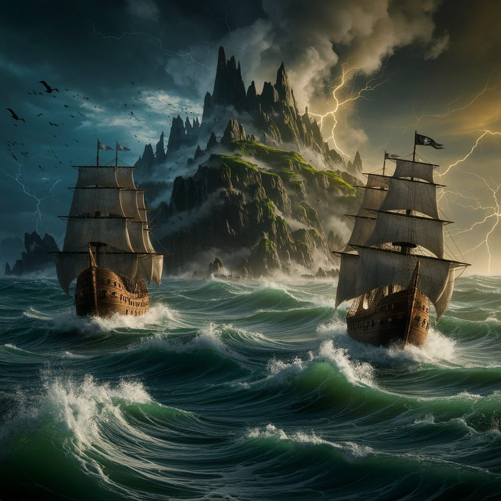 Mysterious Island Under Stormy Skies with Shipwrecks