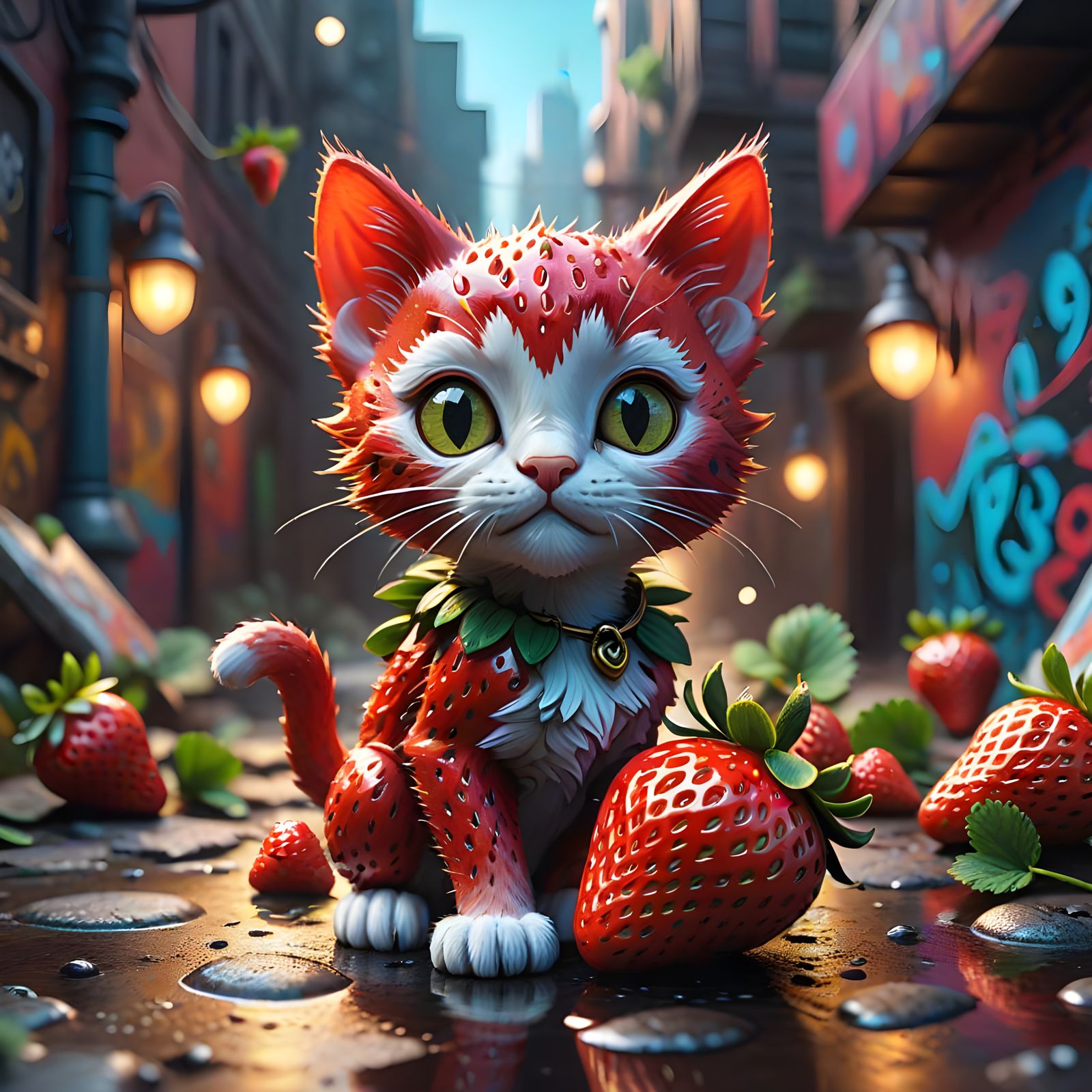 Whimsical Strawberry-Kitten Fusion in Hyperrealistic Style