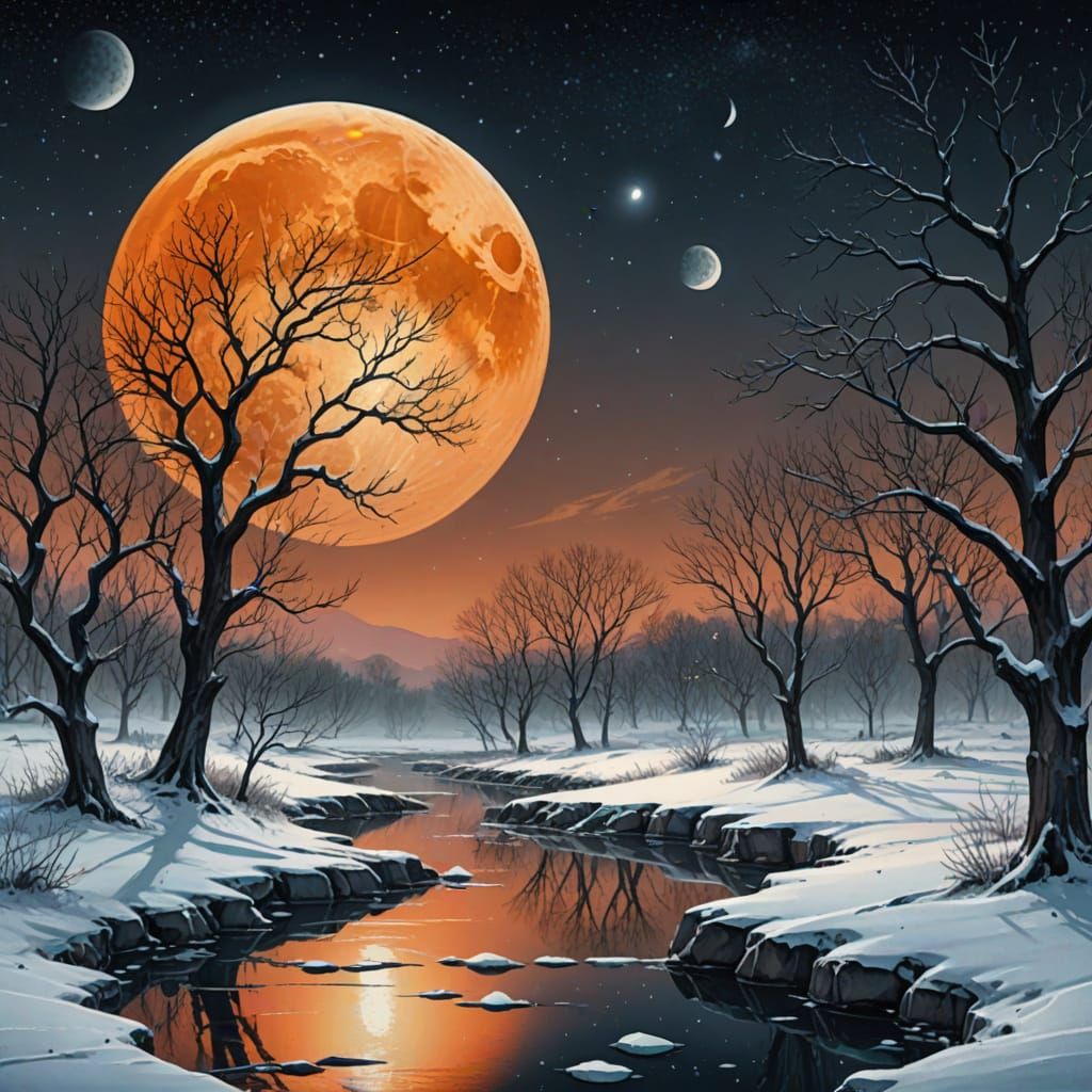 Disturbing Orange Moon Landscape in Watercolor Art