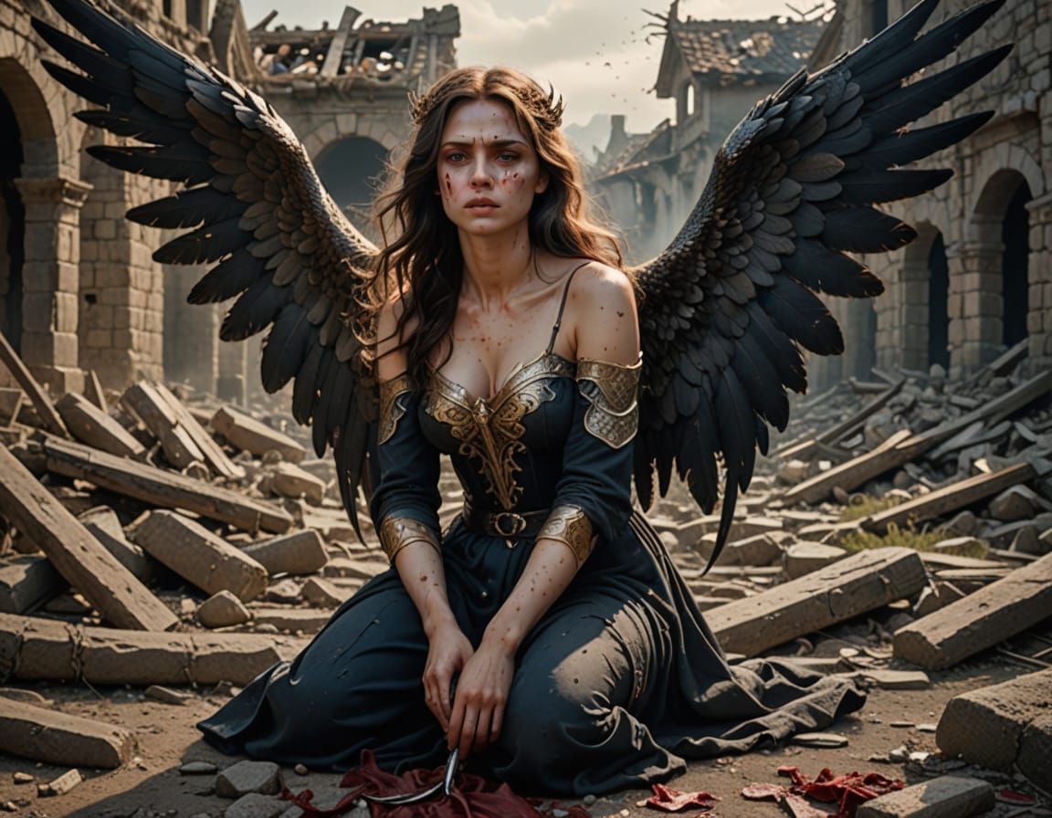 Fallen Angel Kneeling in Destroyed Village