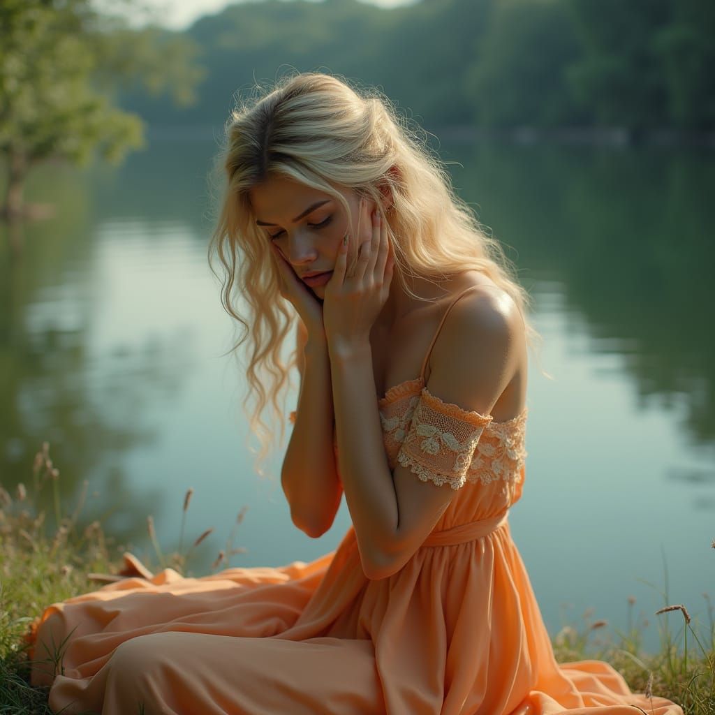 Sad Woman in Silk Dress by Peaceful Lake