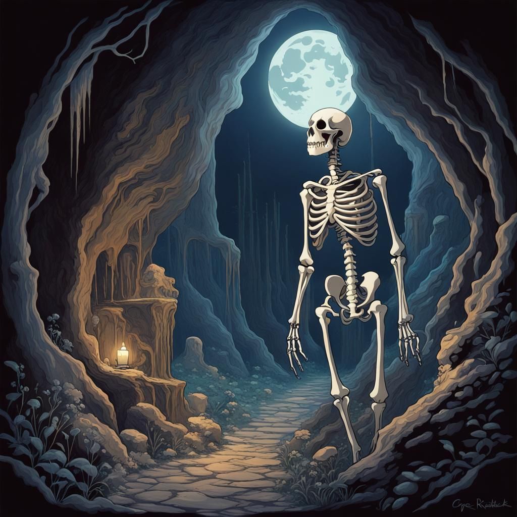 Skeleton Art Nouveau in Ghibli Cave