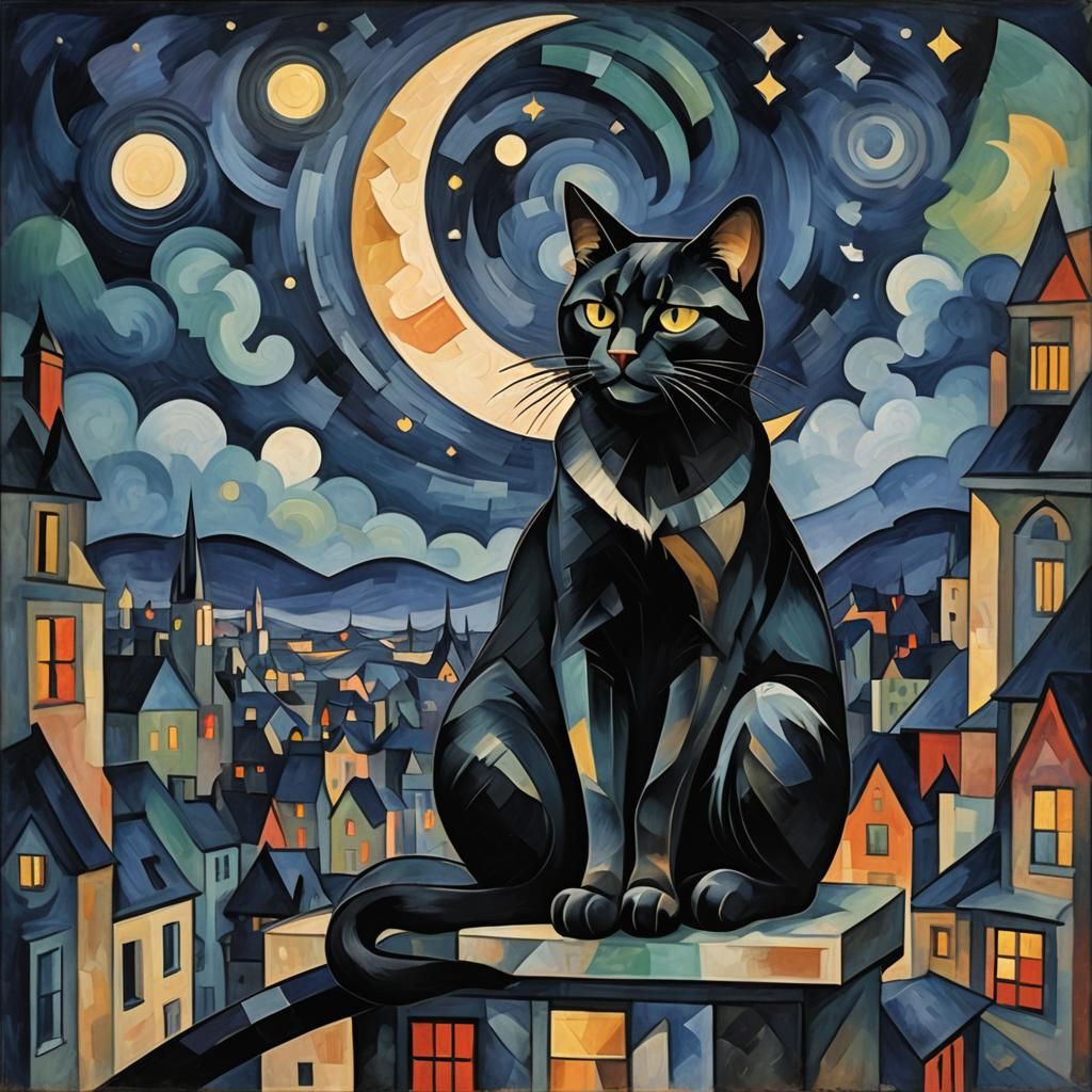 Black Cat Gazing at Moon in Fauvist Style