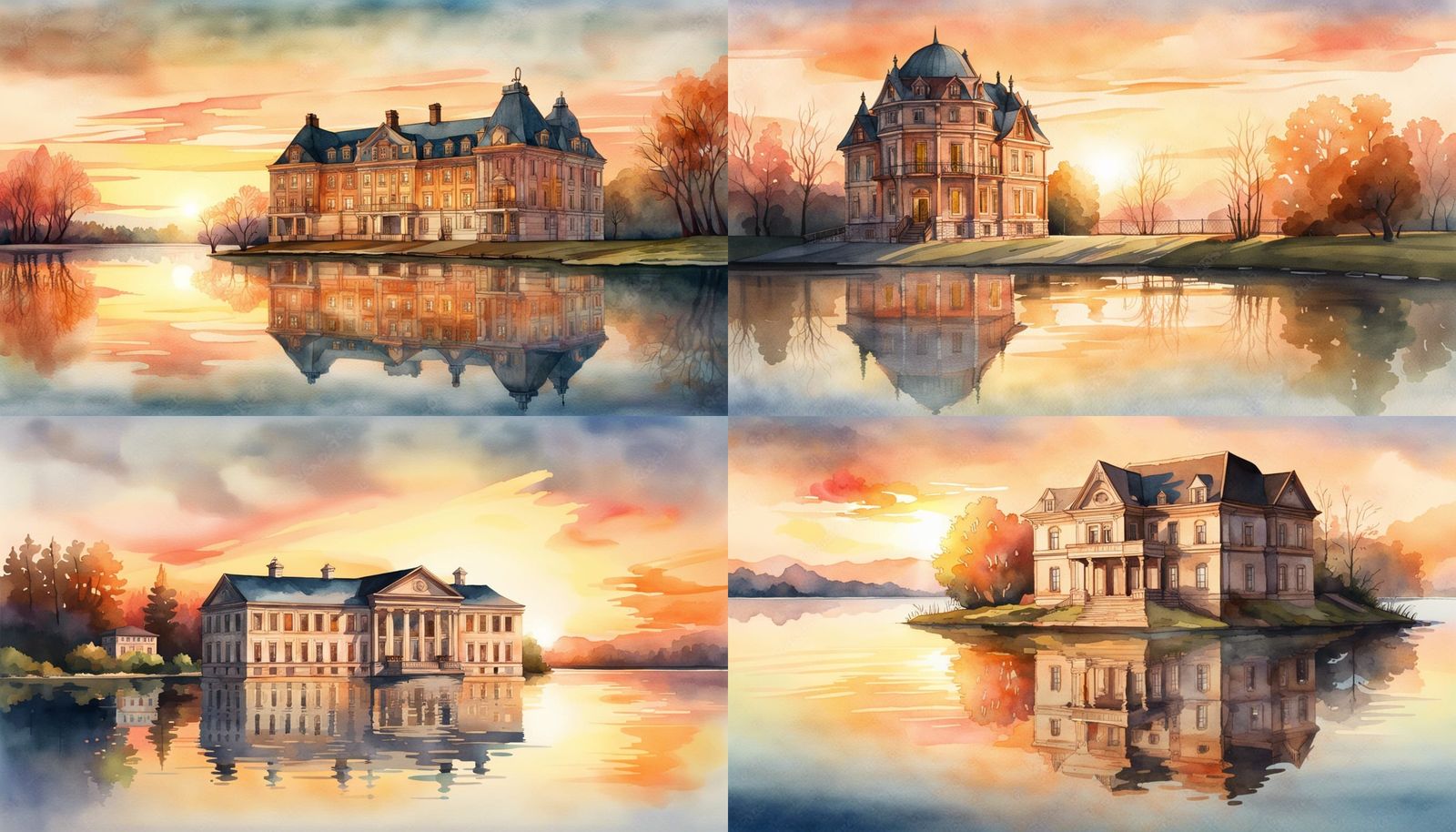 Sunset Lake House in Detailed Watercolor
