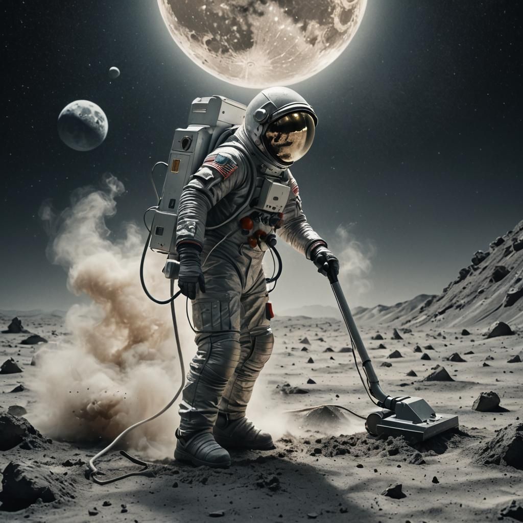 Astronaut Vacuuming Moon Dust in Sfumato Style