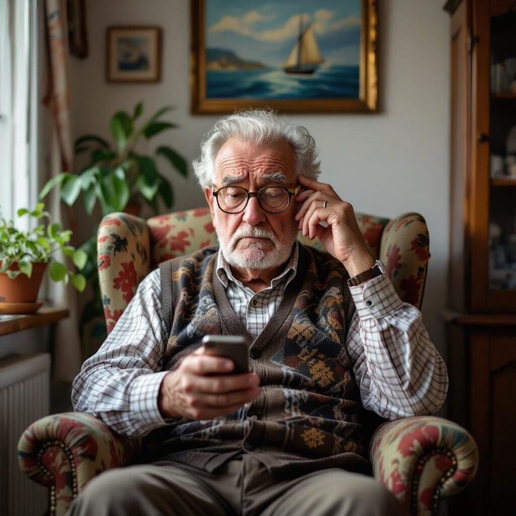 Frustrated Elderly Man Struggles with Smartphone in Manga St...