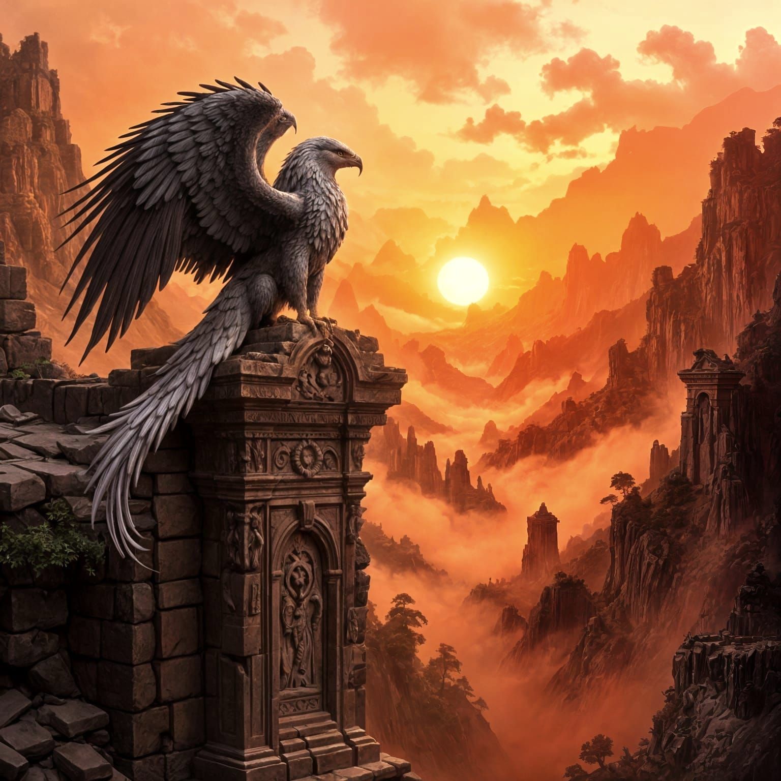 Griffin Perched Atop Ancient Ruin in Twilight