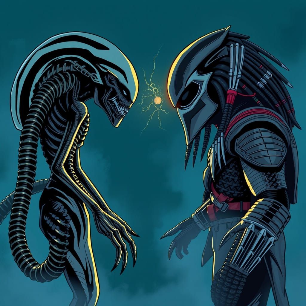 Alien and Predator Standoff in Comic Book Style