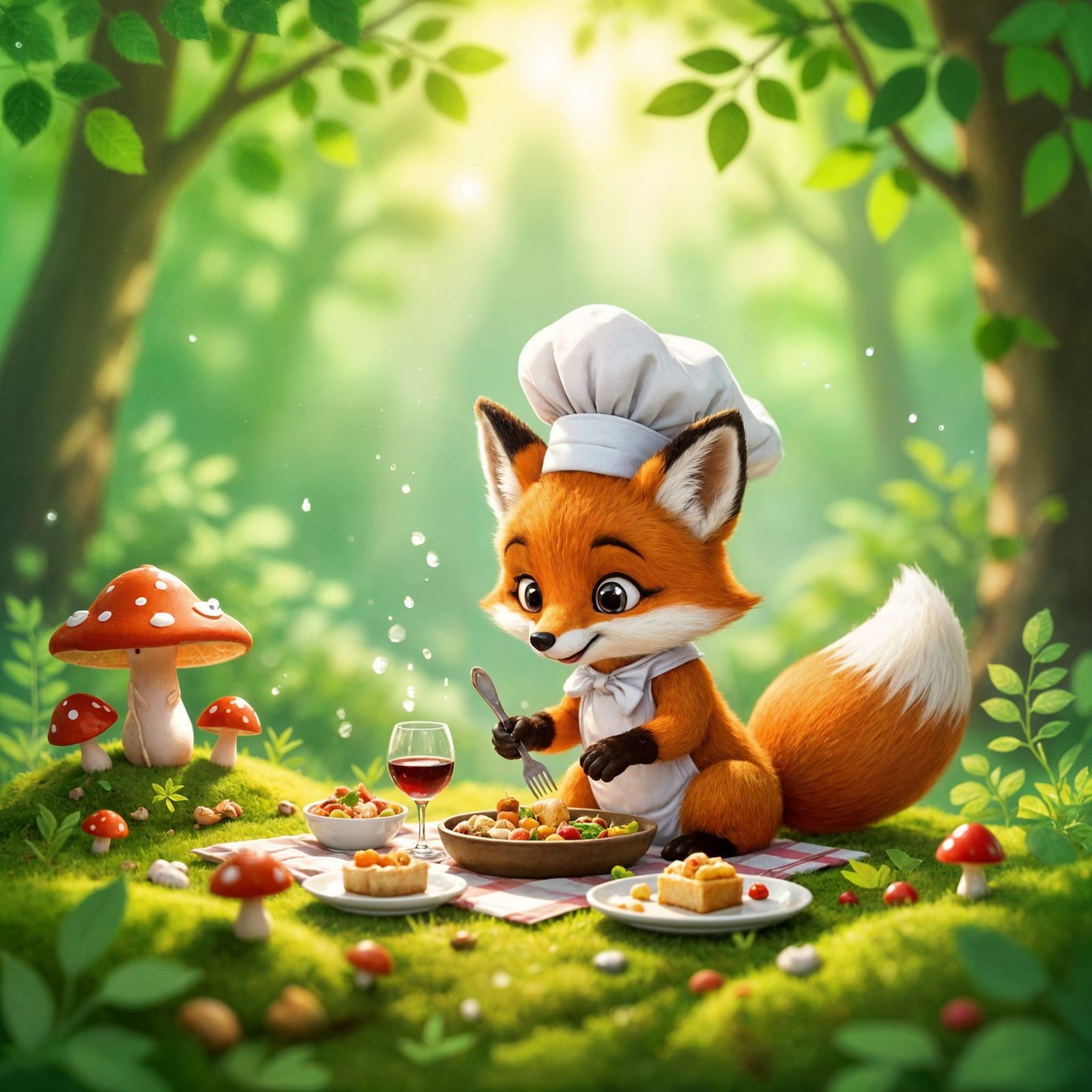 Whimsical Fox Chef Prepares Tiny Feast in Forest