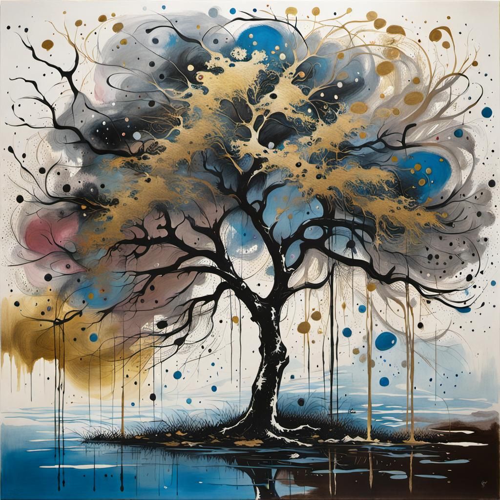 Abstract Tree by Lake in Pollock Style