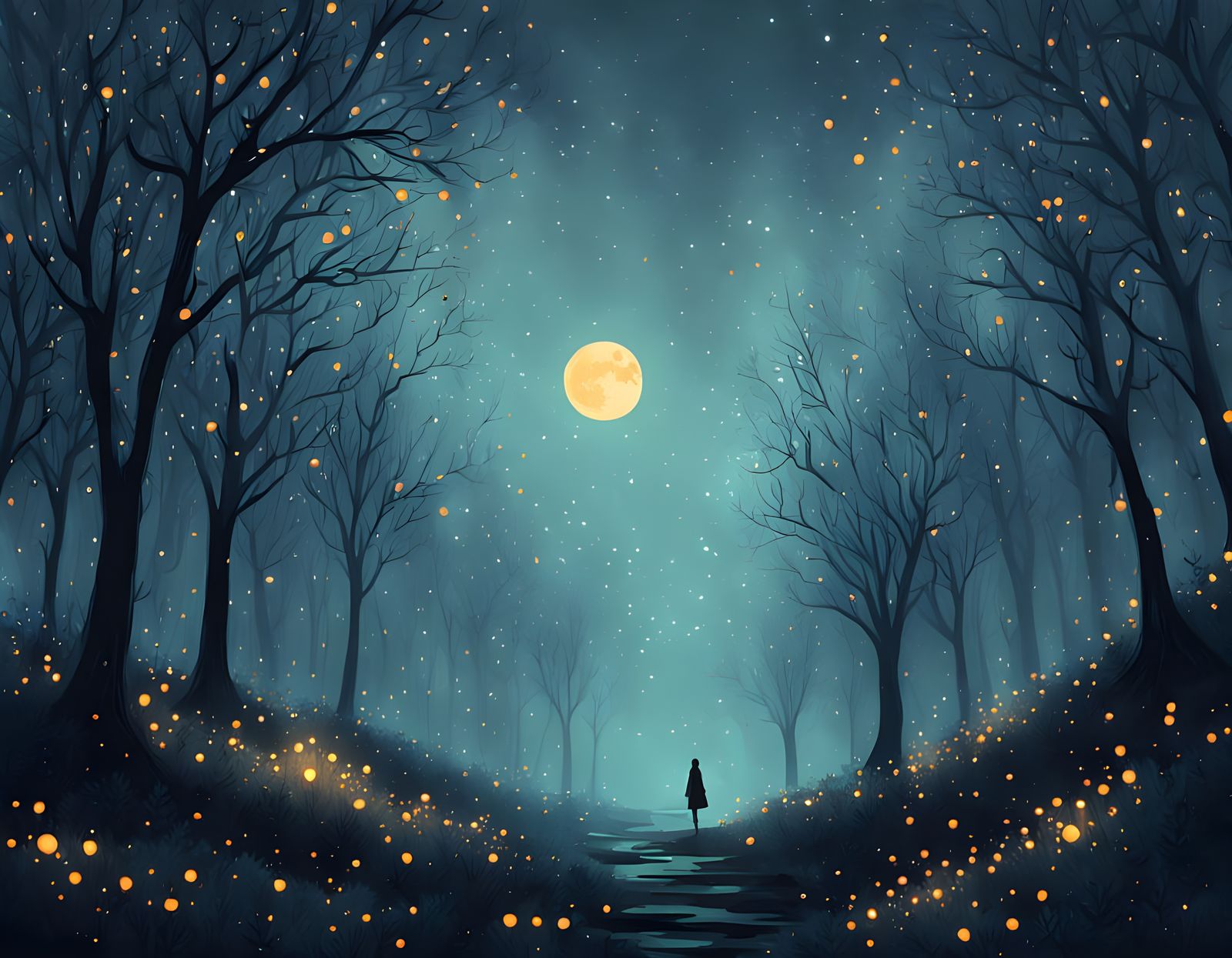 Serene Girl in a Dreamy, Moonlit Forest Scene