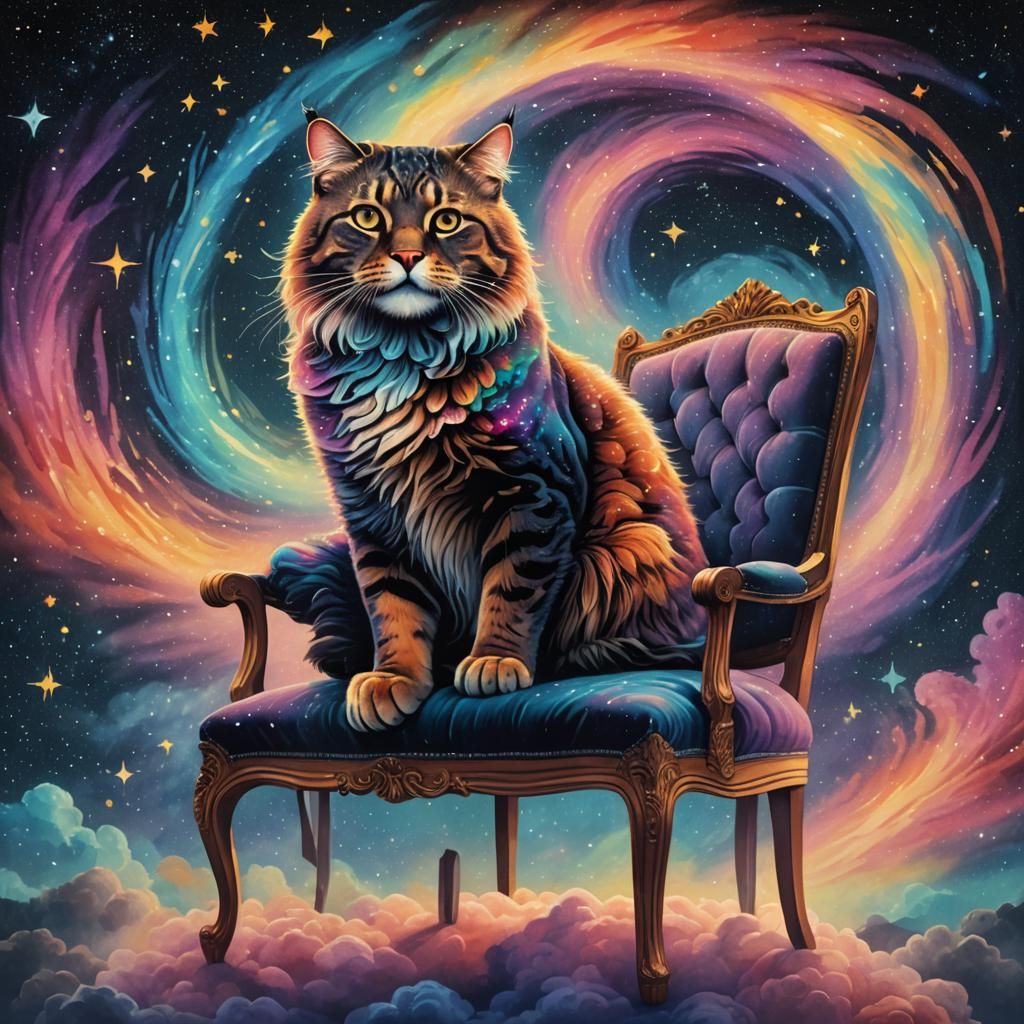 Surreal Cat in Starry Night Sky, Cosmic Art