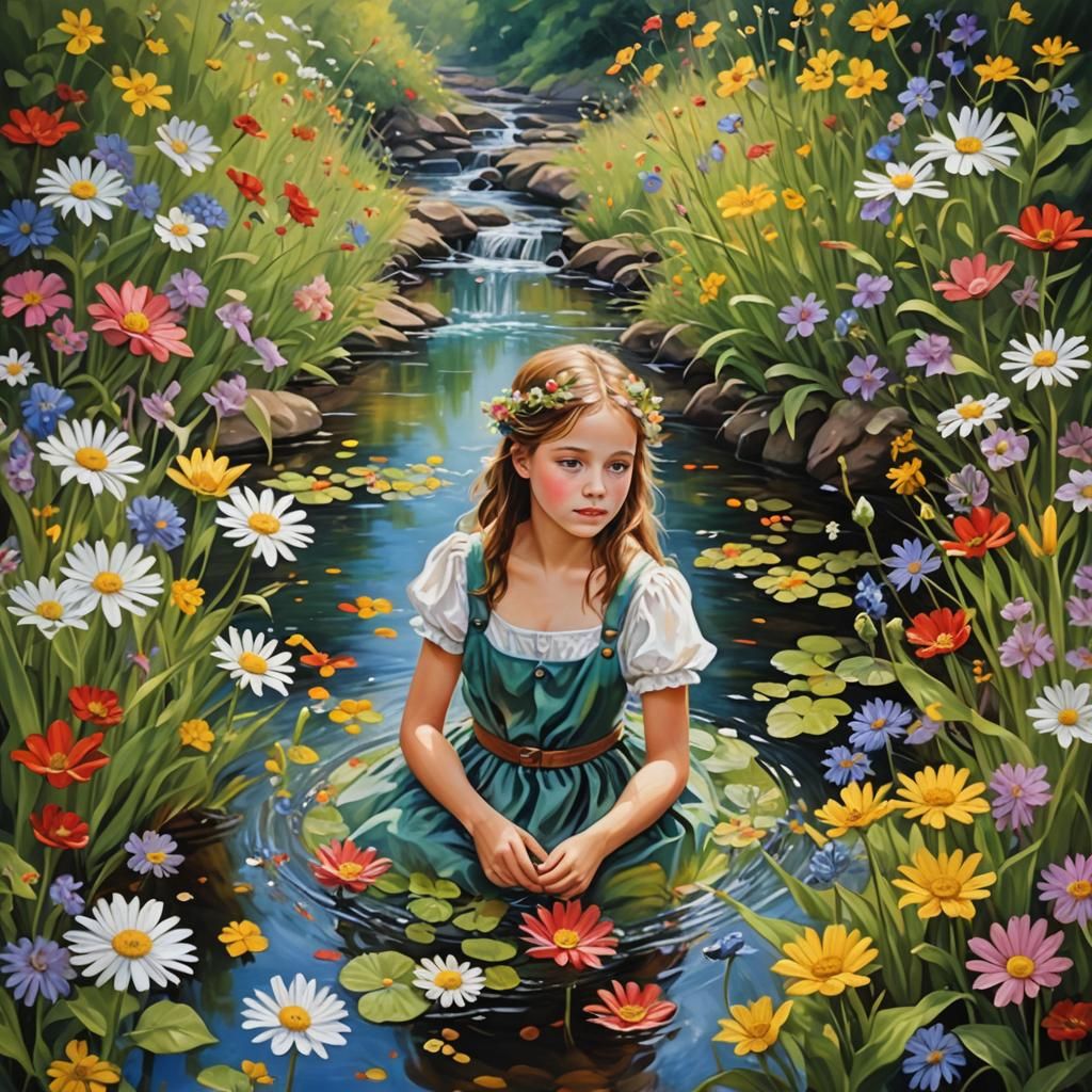 Google Eyes in a Wildflower Stream: An Oil Painting