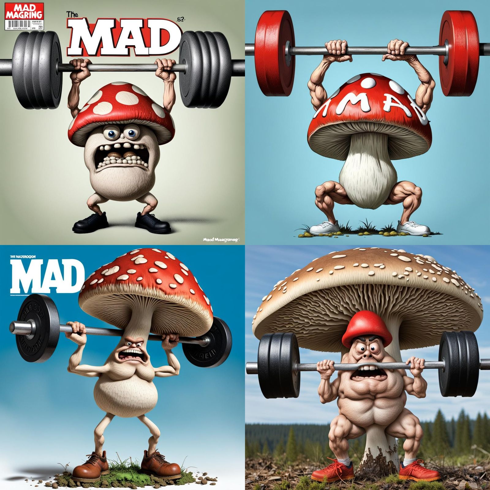 Surreal Mushroom Lifter Reading Humor Magazine in a Whimsica...