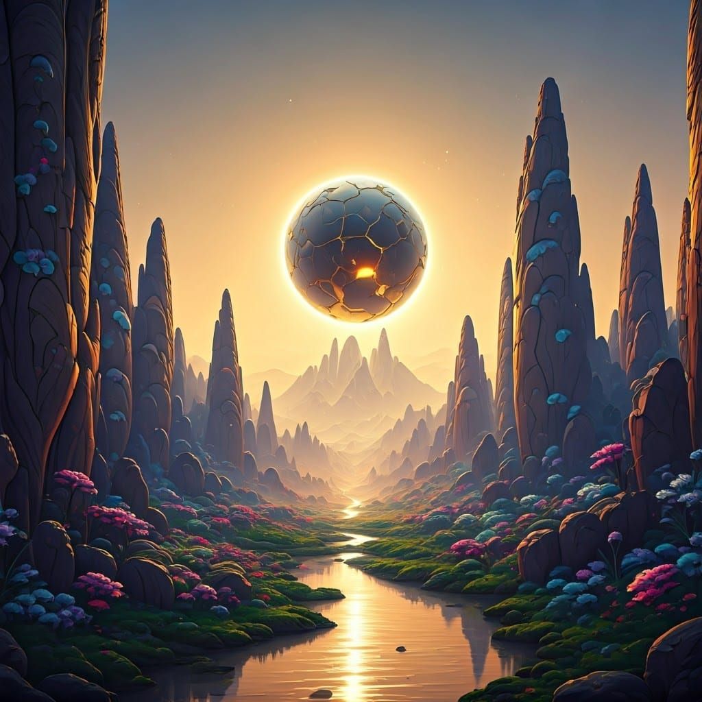 Ethereal Kintsugi Planet with Iridescent Landscapes