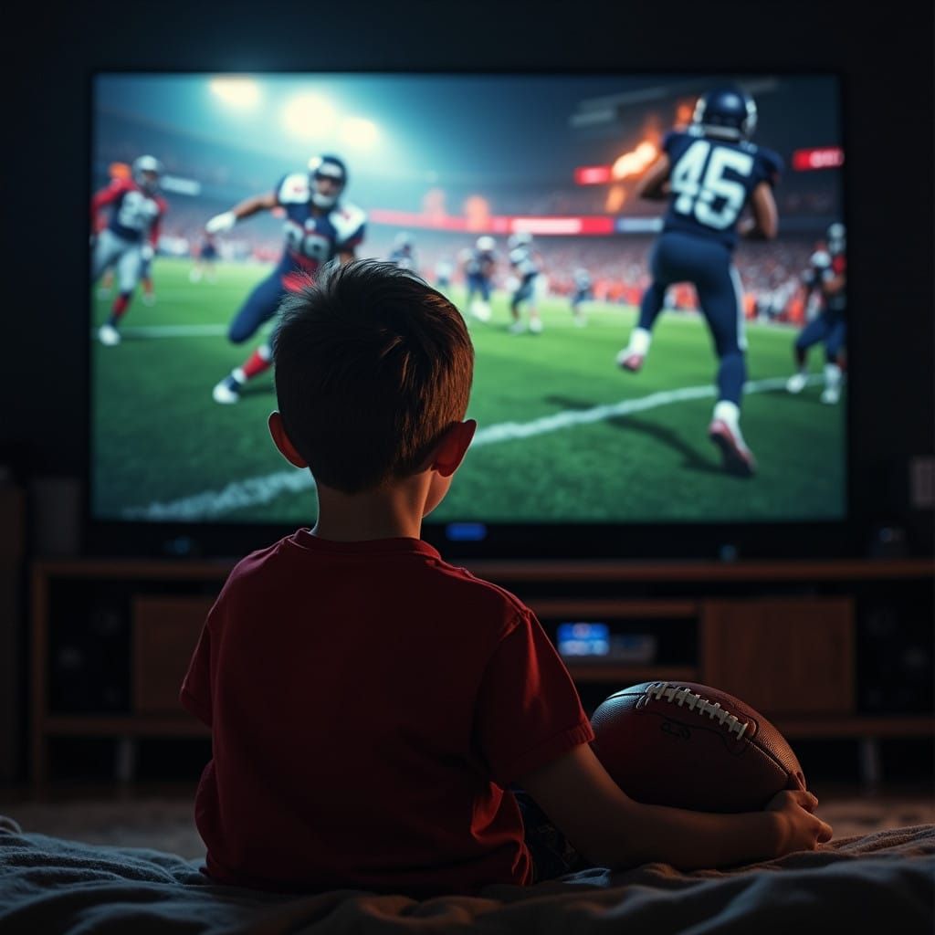 Determined Boy Watches NFL Game with Unyielding Passion