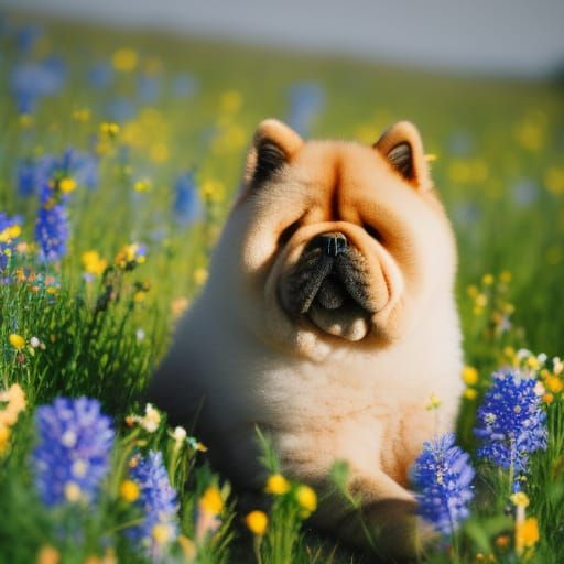 Chow Chow Puppy in Wildflower Field