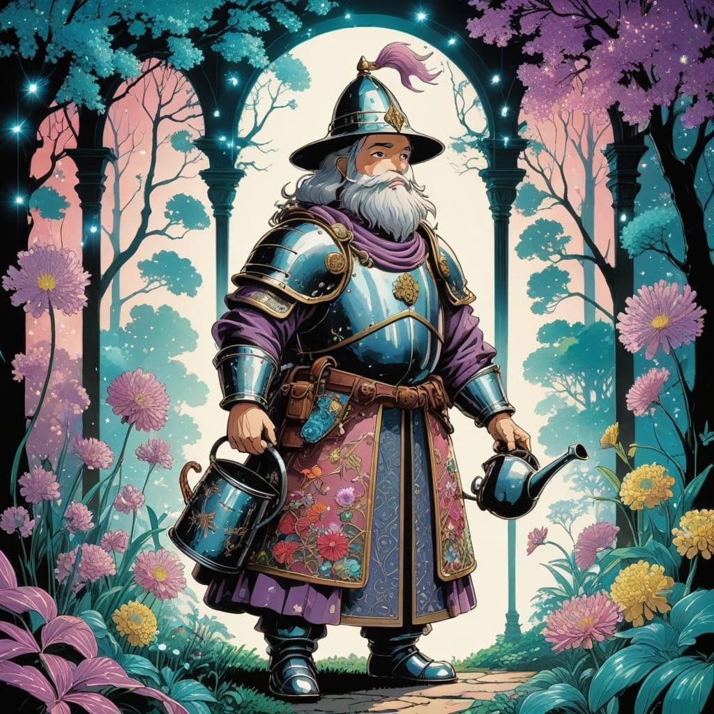 Noble Knight Tends Magical Flowers Under Moonlight