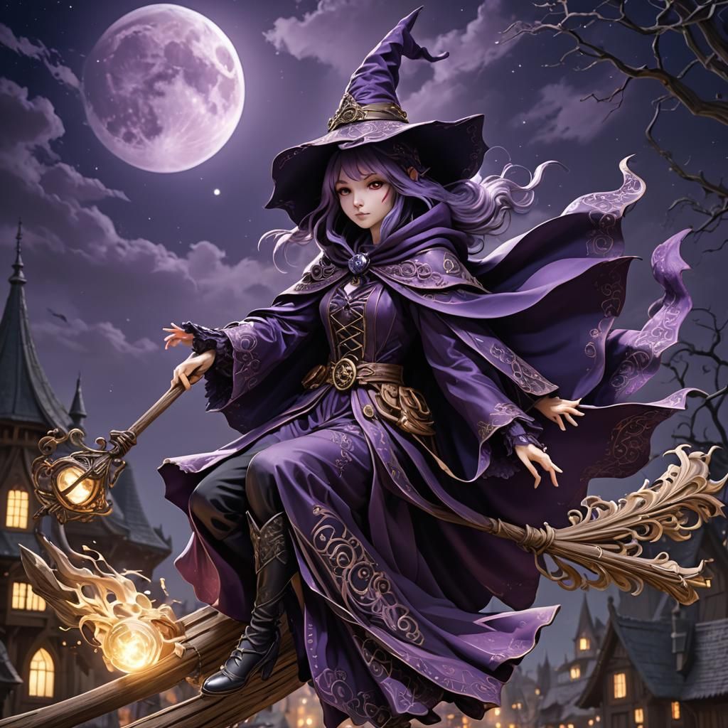 Purple Witch Soaring on Broomstick: 3D Anime Art