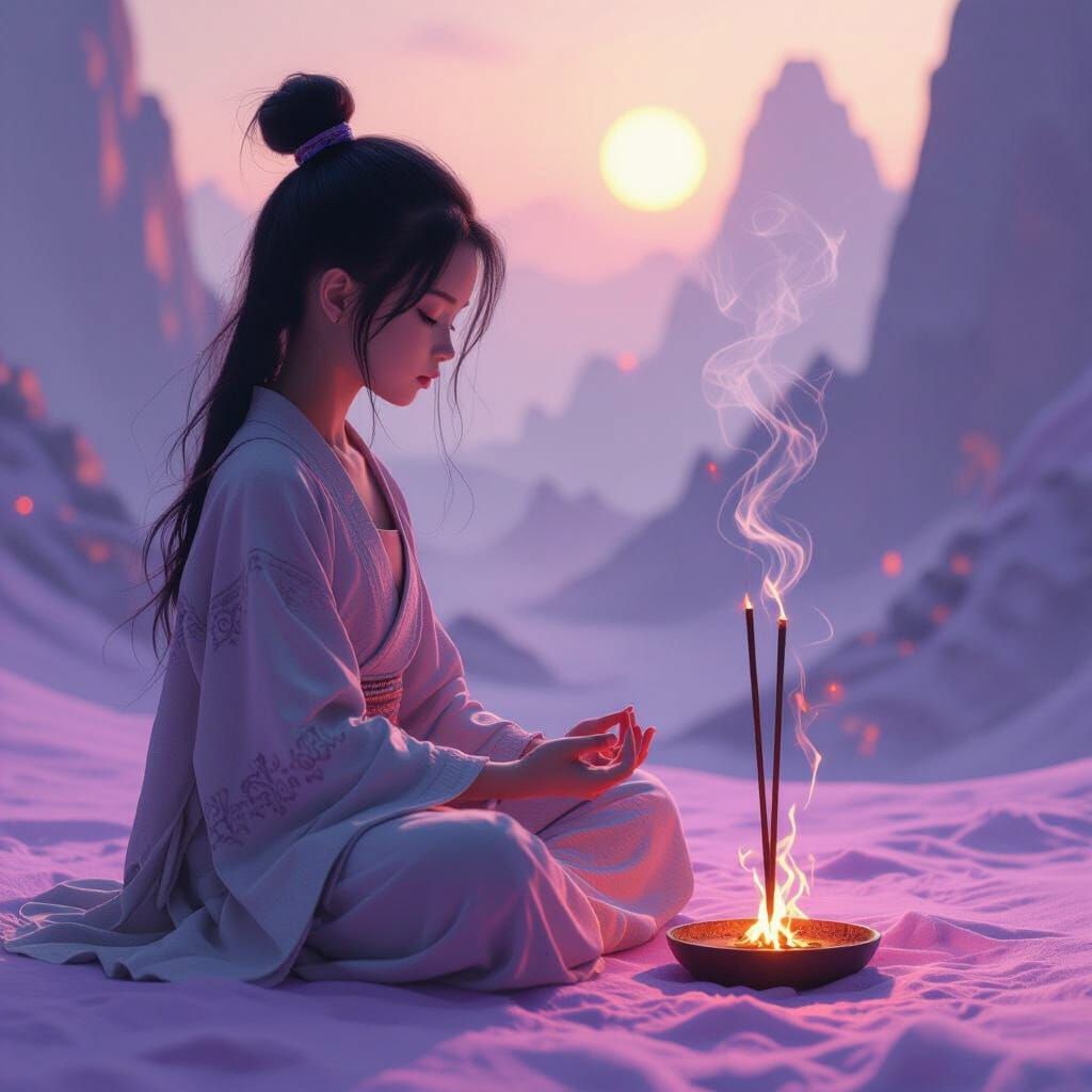 Meditating Girl on Purple Background with Incense