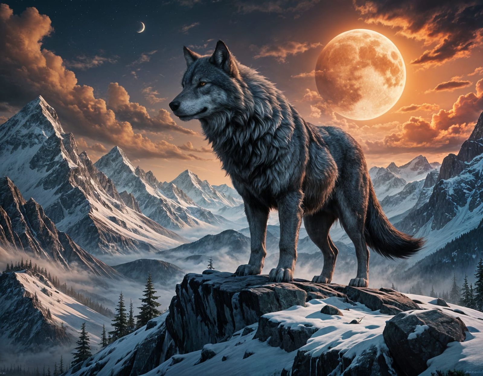 Ethereal Mist Wolf on Snowy Mountain