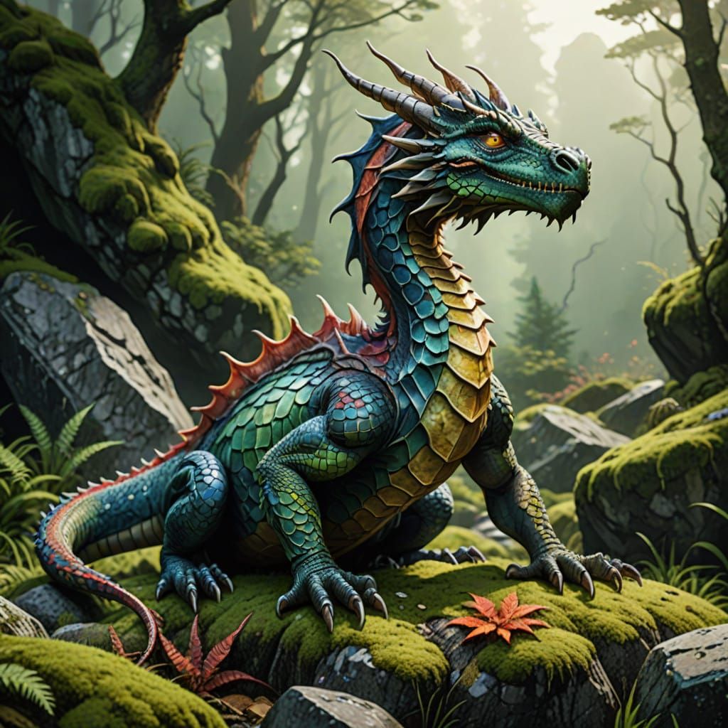 Ethereal Dragon on Verdant Outcropping in Sci-Fi Comic Book ...
